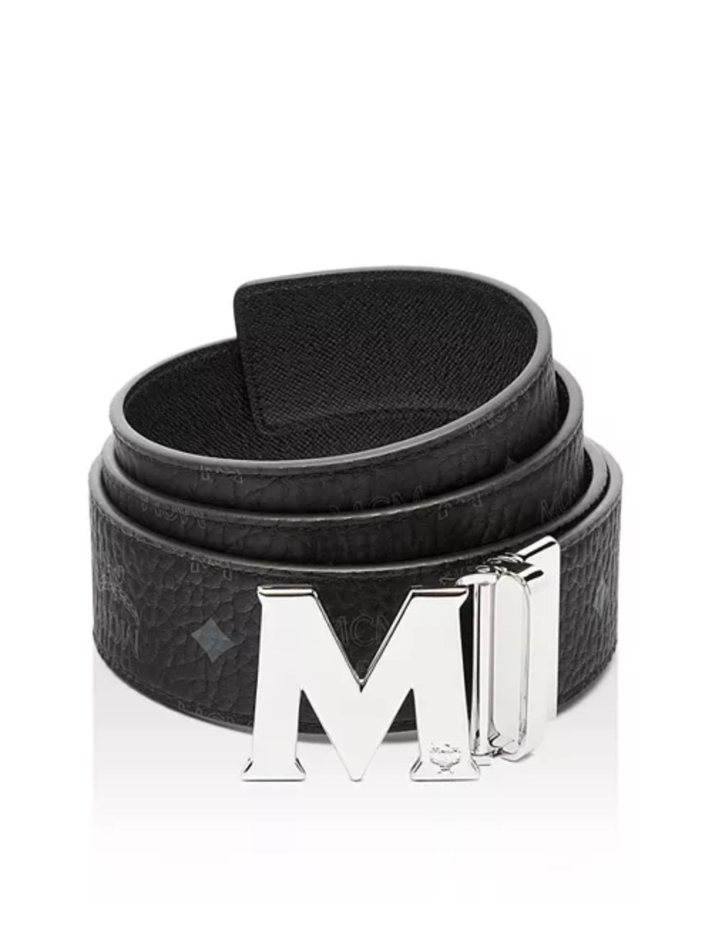 MCM Black Logo-Print Leather Belt with Silver 'M' Buckle 💯 authentic - Picture 10 of 10